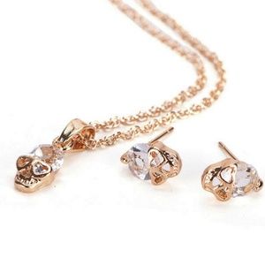 Gold & Crystal Skull Pendant Earring Set NWT